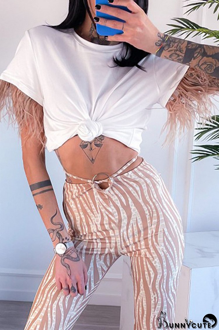 White Fashion Print Tassel O Neck T-Shirts