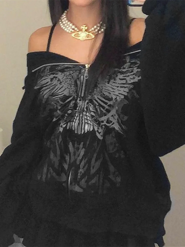 Groksage Women Gothic Graphic Sweatshirts Long Sleeve Zip Up Hooded Jackets Coat Grunge Dark Y2K Aesthetic Autumn Clothes
