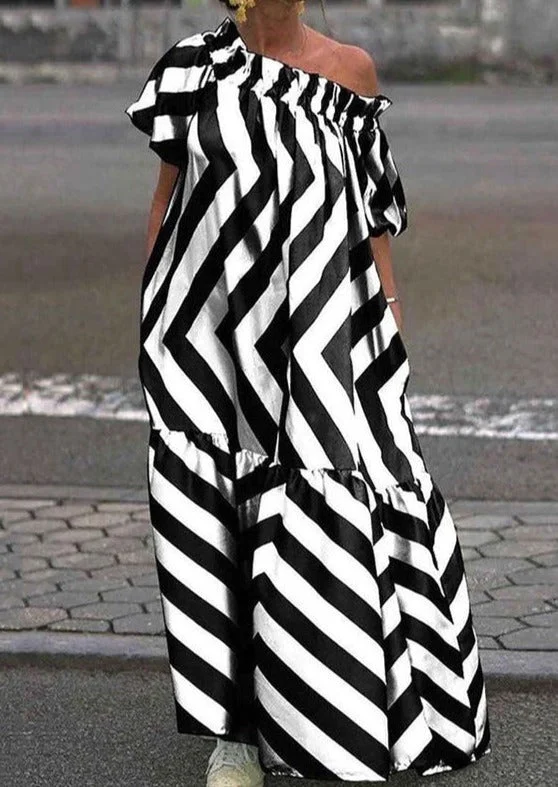 Asymmetric Contrast Color Pleated Pockets Striped One-Shoulder Maxi Dresses