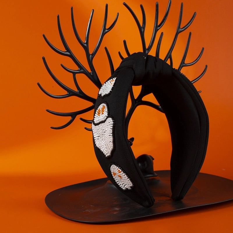 Women’s Hip-Hop Retro Funny Halloween Pattern Pumpkin Ghost Cloth Seed Bead Hair Band