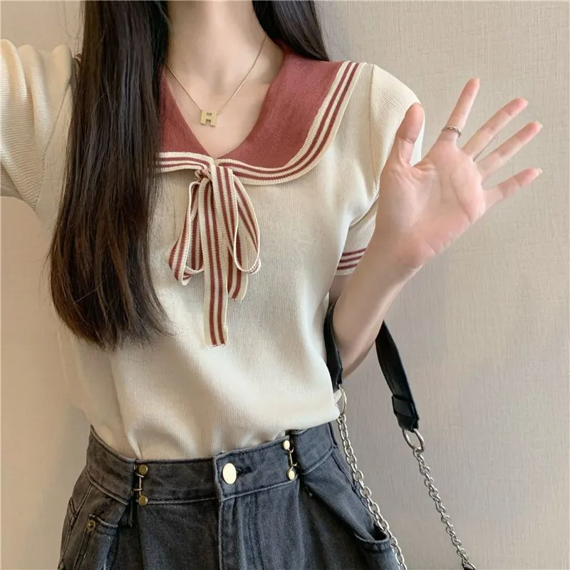 Uveng Uveng Style Doll Collar T-Shirt For Women's Summer New Sweet Spicy Head Short-Shoeed Sexy Ins Short-Sleeved Top