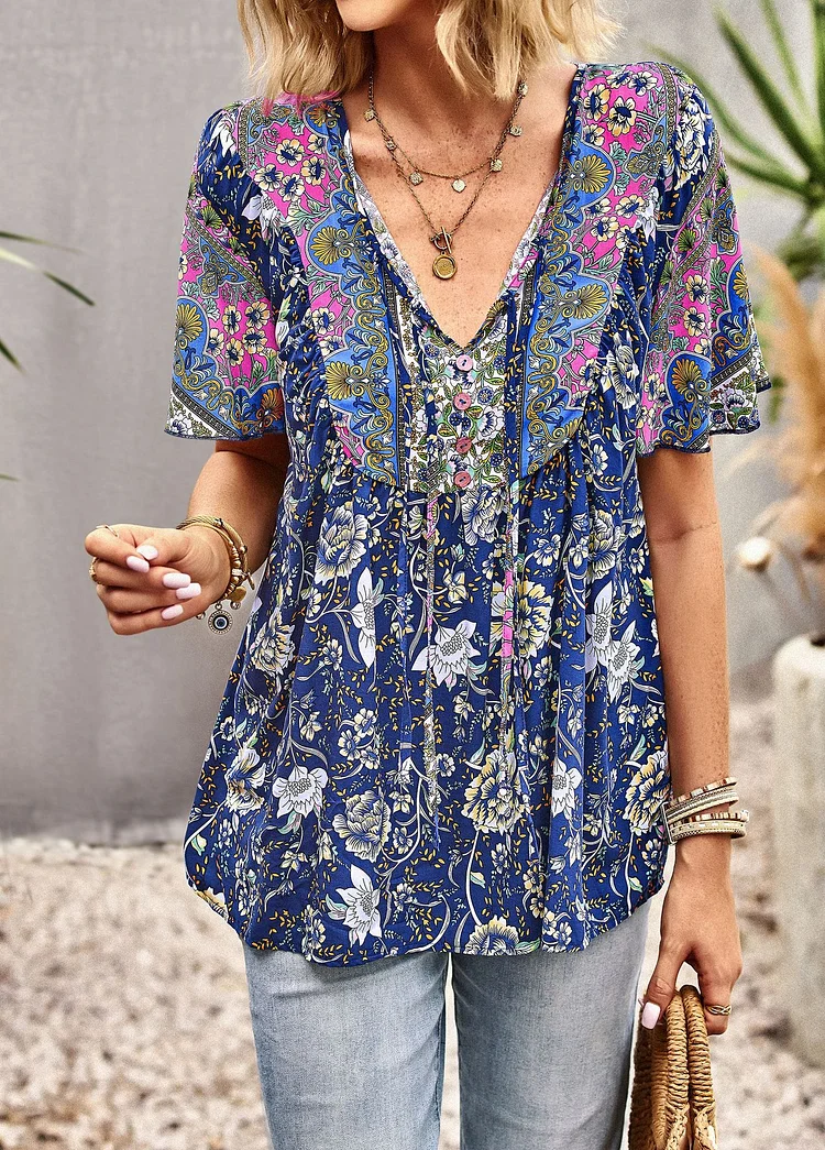 Women's Bohemian Blouse Floral Printed Casual V-neck Top