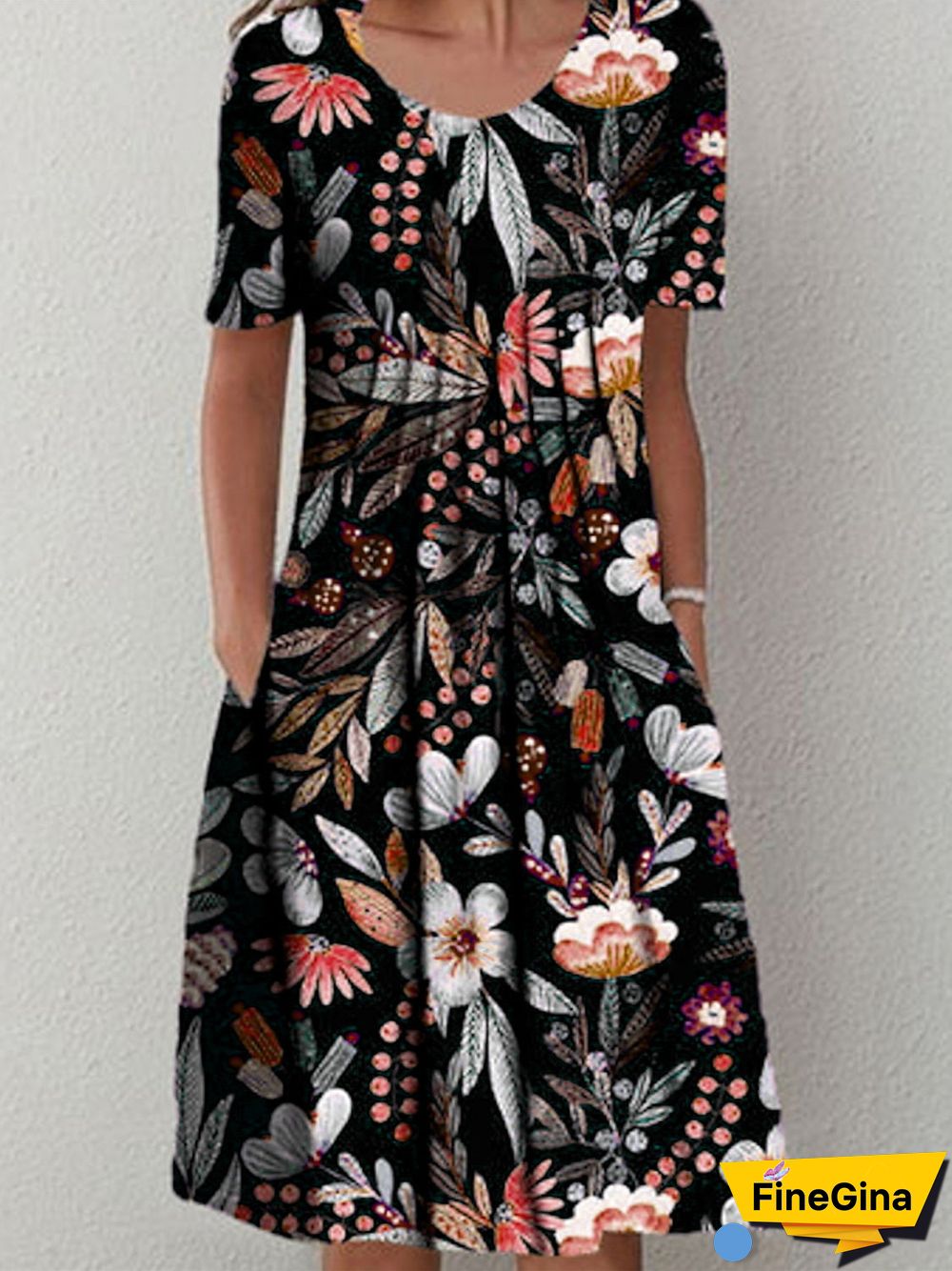 Women Short Sleeve Scoop Neck Floral Printed Pockets Midi Dress