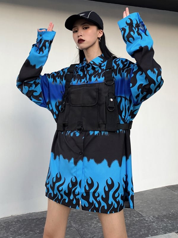 Hip-Hop Blue Flame Long Sleeve Blouse&Black Functional Vest Two Piece Set