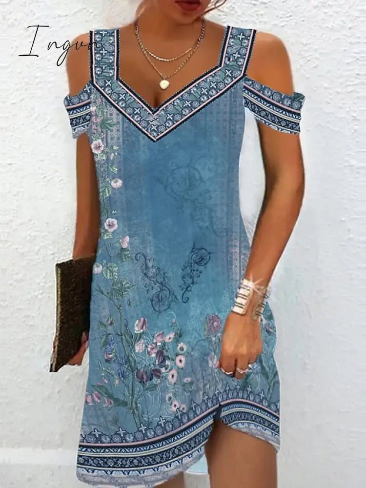 Ingvn - Women’s Casual Dress Ethnic Summer Floral Tribal Cut Out Print V Neck Mini Active Fashion
