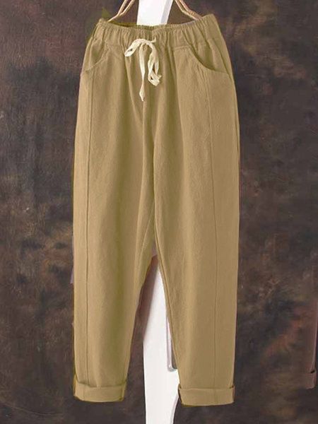All Season Linen Casual Pockets Drawstring Natural Pants