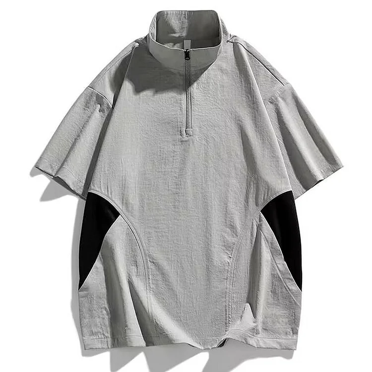 Half Zip Short Sleeve Shirt with a Stand Collar Lightweight Oversized