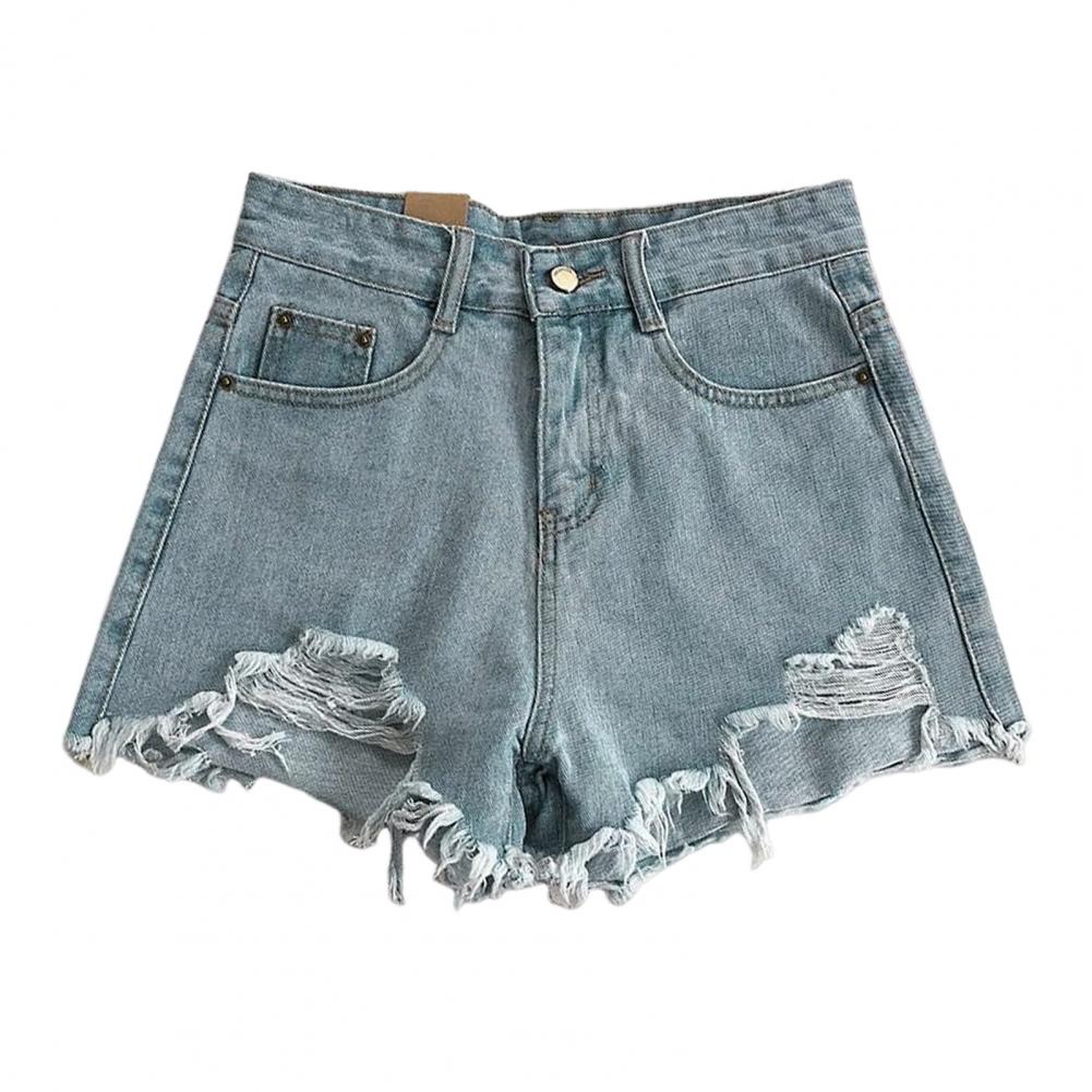 Threefruit Summer Women Denim Shorts High Waist A-line Above Knee Length Short Pants Ripped Button Zipper Closure Retro Pockets Slim Fit