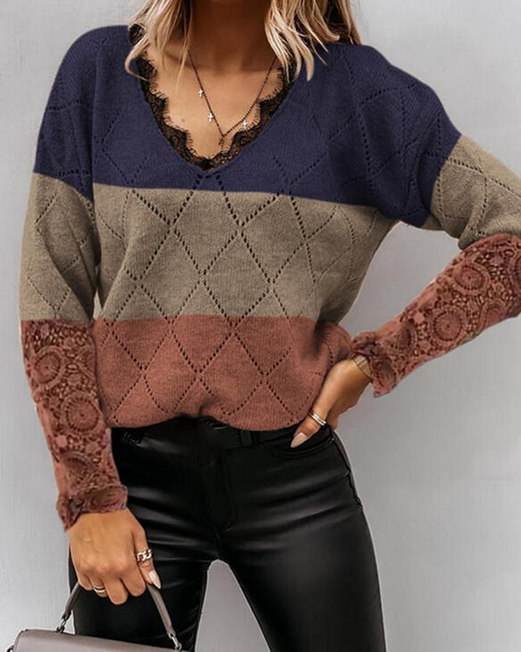 Colorblock Pointelle Knit Contrast Lace Sweater - Shop Trendy Women's Clothing | LoverChic