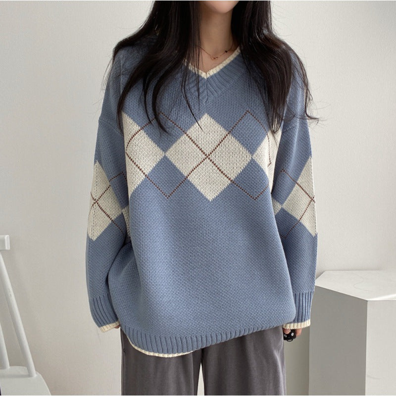 Aiertu tyler the creator outfits Rhombic Loose Pullover Sweater Women's Early Spring Korean Style round Neck Long Sleeve Top Coat Fashion aiertu