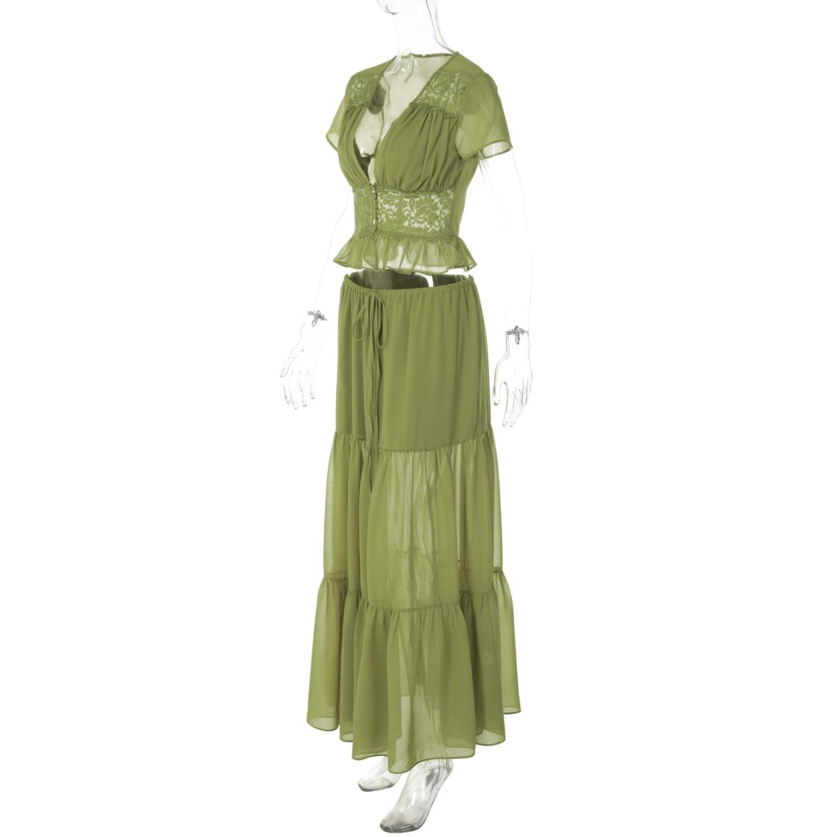 Women Summer Short Sleeve V Neck Tops Long Skirt Beach Vacation Chiffon Two Piece Set Outfit Women Summer Short Sleeve V Neck Tops Long Skirt Beach Vacation Chiffon Two Piece Set Outfit