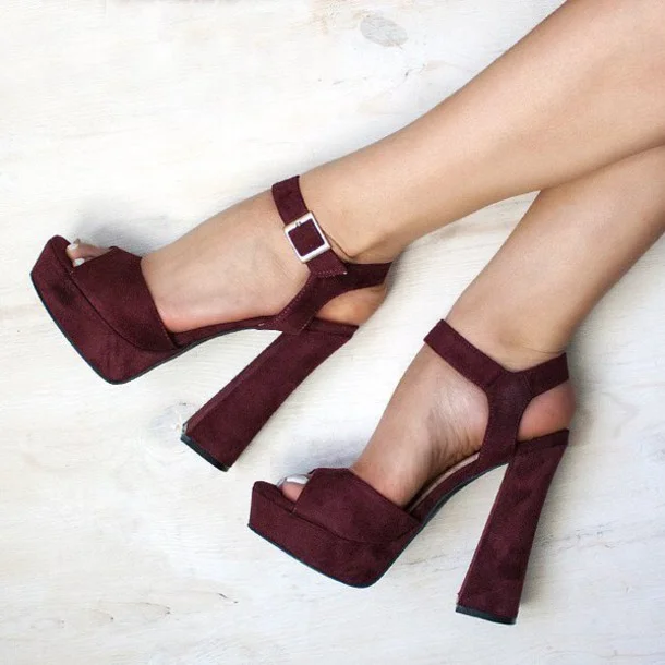 Burgundy Peep Toe Heels Vegan Suede Ankle Strap Platform Sandals |FSJ Shoes