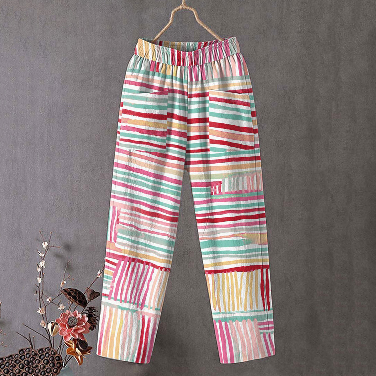 Comstylish Stripe Art Print Linen Blend Casual Pocket Pants Comstylish Stripe Art Print Linen Blend Casual Pocket Pants