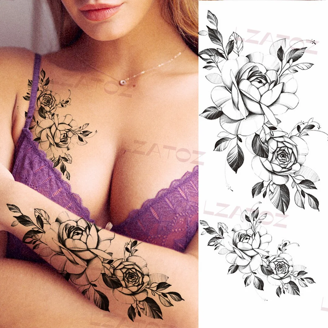 Sdrawing Big Letters Temporary Tattoos For Men Women Moon Pendant Peony Fake Tattoo Sticker Custom Armband Fashion Disposable Tatoo