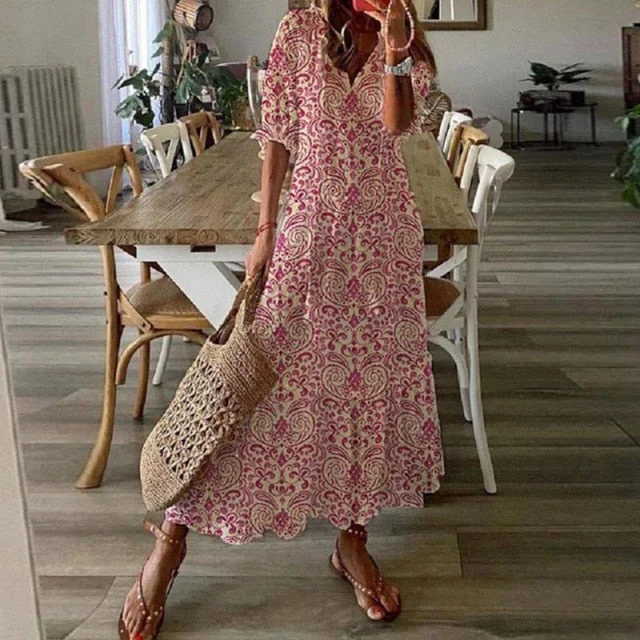 Casual Short Sleeve Embroidered Long Dress