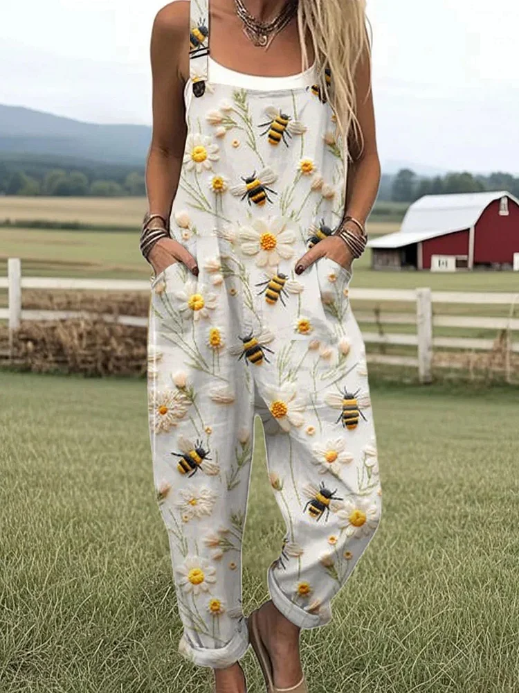 Women's Vintage Bee Floral Art Print Casual Cotton Wide Leg Jumpsuit