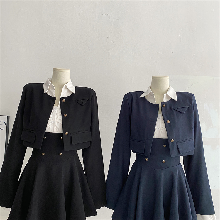Y2K 3 Piece Set Women Cropped Coat + Long Sleeve Shirt + High Waist Halter Ruffles Mini Dress Korean Chic Fashion Sexy Outfits