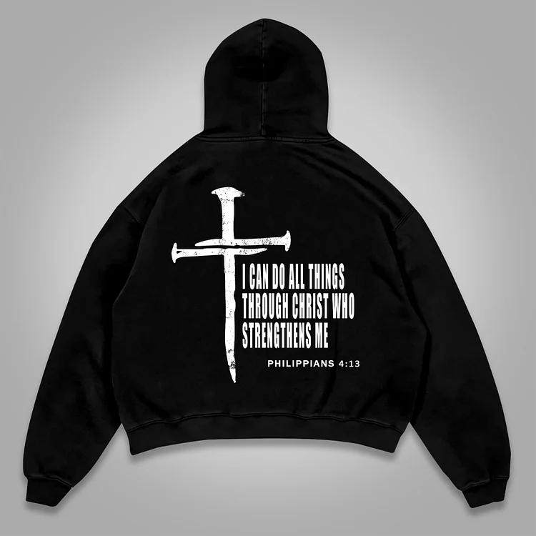 Philippians 4 13 I Can Do All Things Through Christ Who Strengthens Me Graphic Print Pocket Hoodie