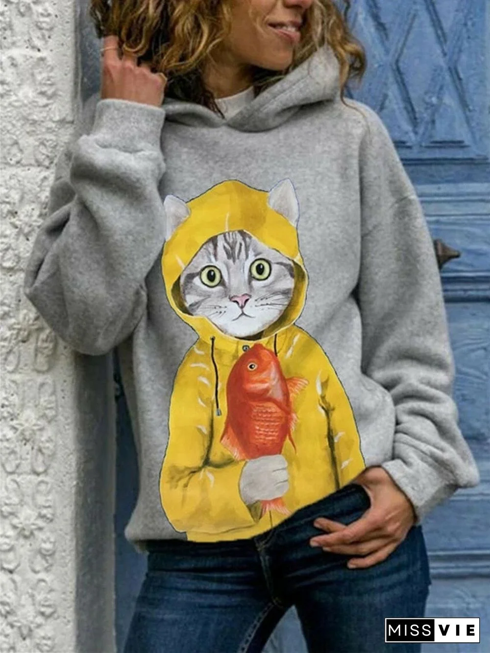 Cartoon Cat Print Long Sleeve Casual Hoodie For Women