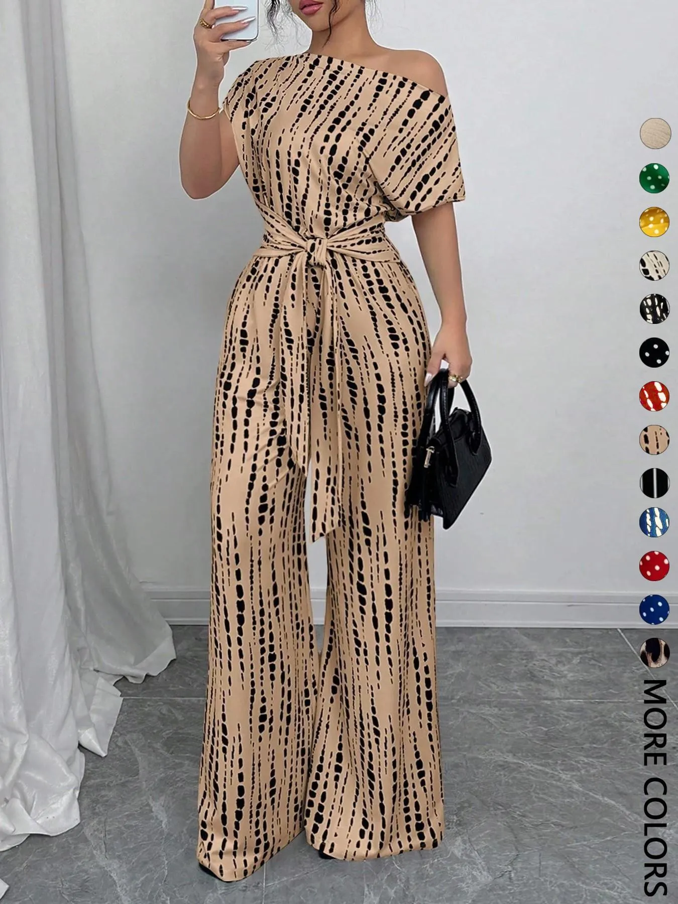 Women's All Over Print Leopard Tie Front Loose Jumpsuit, Casual Asymmetrical Neck Jumpsuit for Spring & Fall, Women's Clothes for Daily Wear Women's All Over Print Leopard Tie Front Loose Jumpsuit, Casual Asymmetrical Neck Jumpsuit for Spring & Fall, Women's Clothes for Daily Wear
