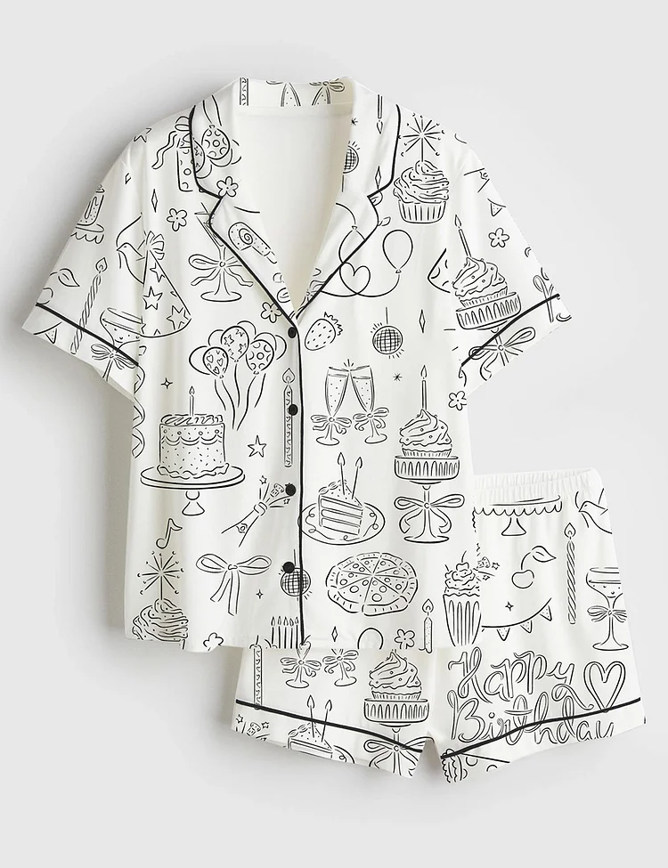 Women&rsquo;s Whimsical Birthday Hand Drawn Birthday Illustrations Party Doodles Birthday Celebration Short Sleeve Satin Pajama Set