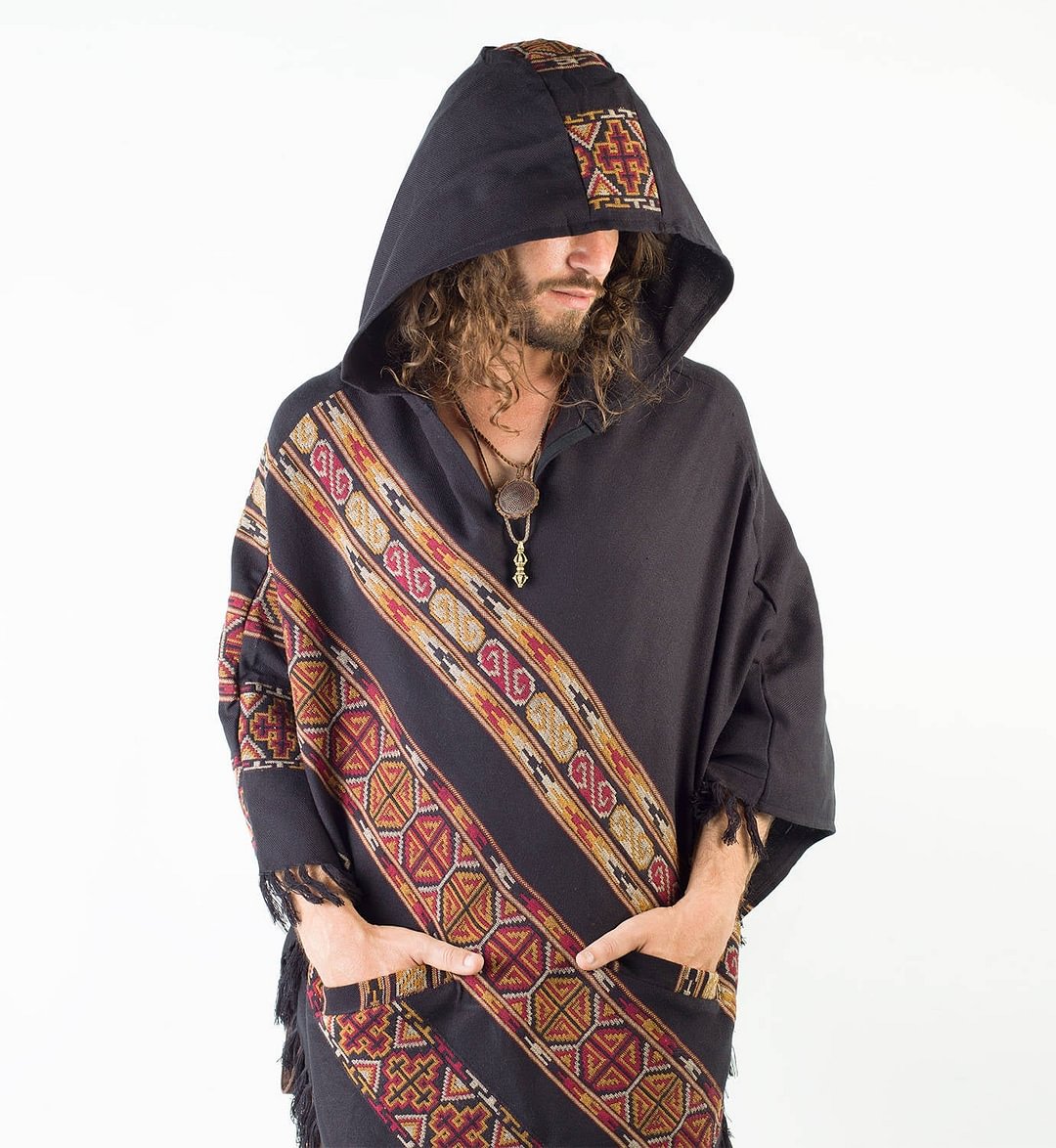 Black Wool Poncho With Hood Tribal Embroidery Celtic Patterns Gypsy Alternative Wild Festival Rave Mexican Primitive   Shawl