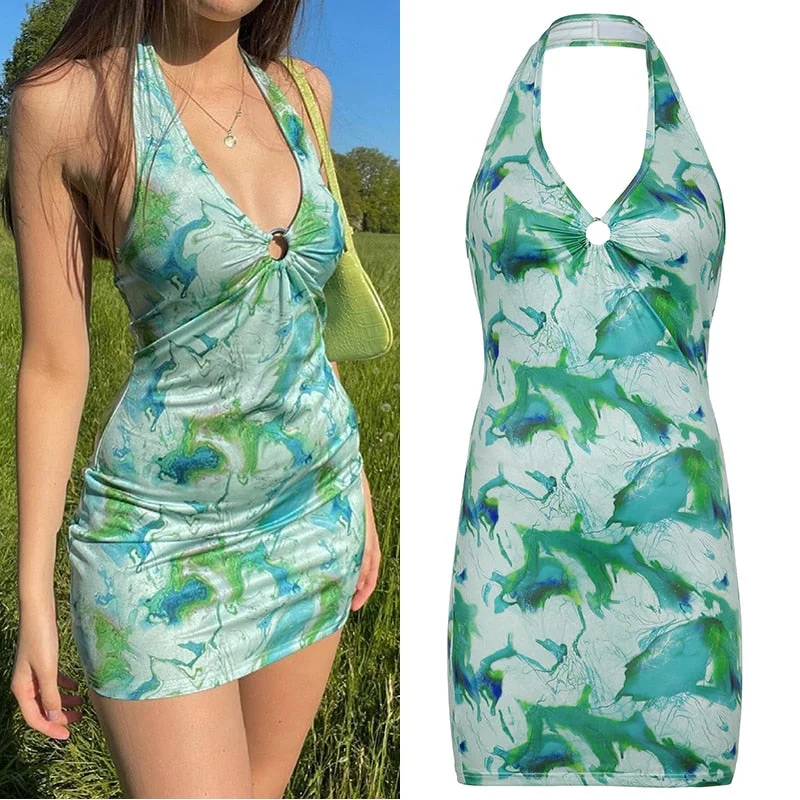 HEYounGIRL Summer Printed Sexy Backless Bodycon Mini Dress Cut Out V Neck Short Tank Dresses Women Fashion Streetwear Party