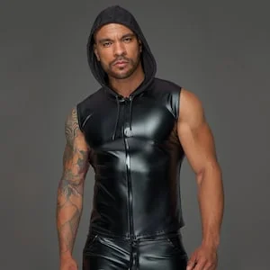 pornhint Pornhint Power Wet Look Man's Hoodie Shirt Fetish vest Wet effect shirt Black Adult Roleplay Sexy & erotic BDSM Clothes Wet look cloting jacket H062