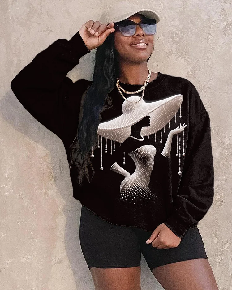 Elegant Black Woman with Pearls Long Sleeve Crewneck Sweatshirt