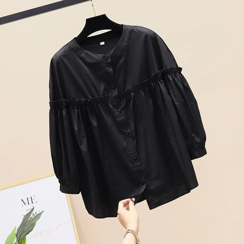 Athvotar Athvotar 2025 Spring And Autumn Korean Version Of The Round-Necked Women's Shirt Age-Old Doll Shirt Fashion Casual Thin Nine-Sleeved Lace Shirt