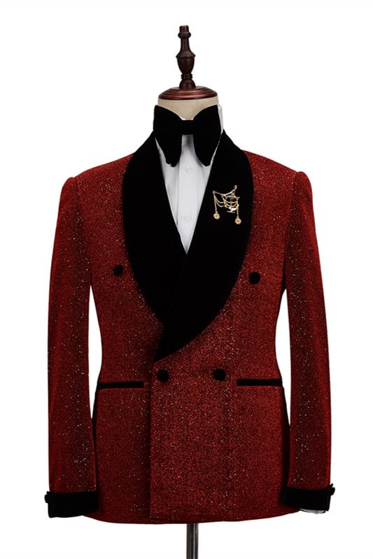 Red Double Breasted Stylish Wedding Suit For Men With Black Shawl Lapel | Ballbellas Ballbellas