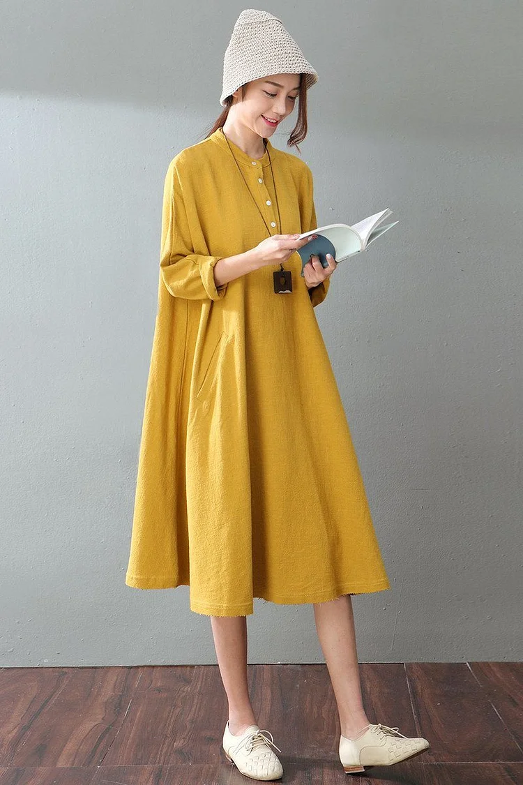 Spring Yellow Casual Cotton Linen Dresses Long Sleeve Shirt Dress Outfits