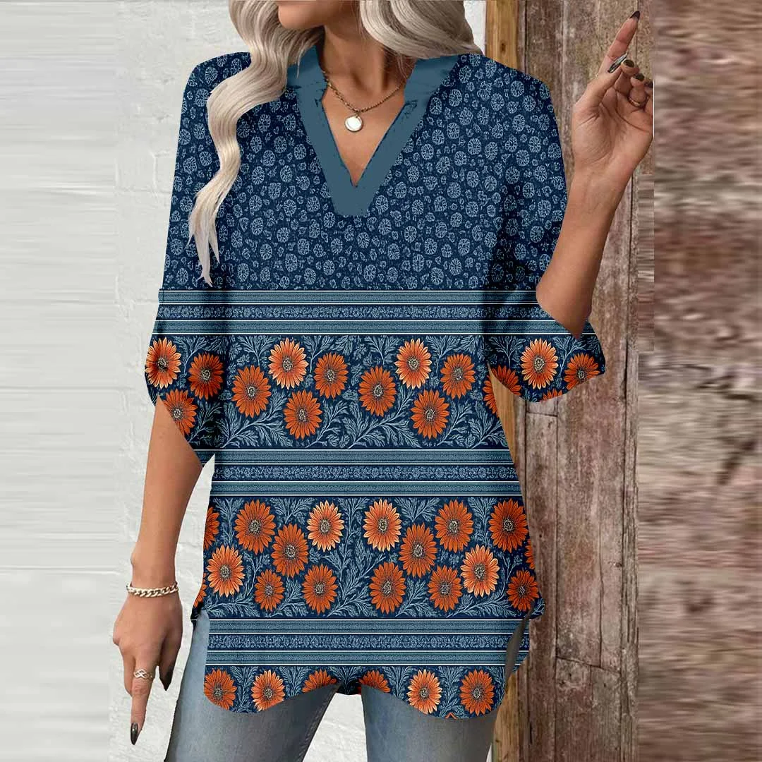 Women Floral,Blue,Red DZGA0287 3/4 Sleeve V-neck Printed Graphic Button Tops