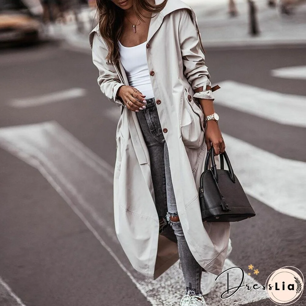 Women Long Sleeve Single Breasted Hooded Trench Autumn Loose Fashion Pocket Street Coats Ladies Commuter Solid Casual Jacket New