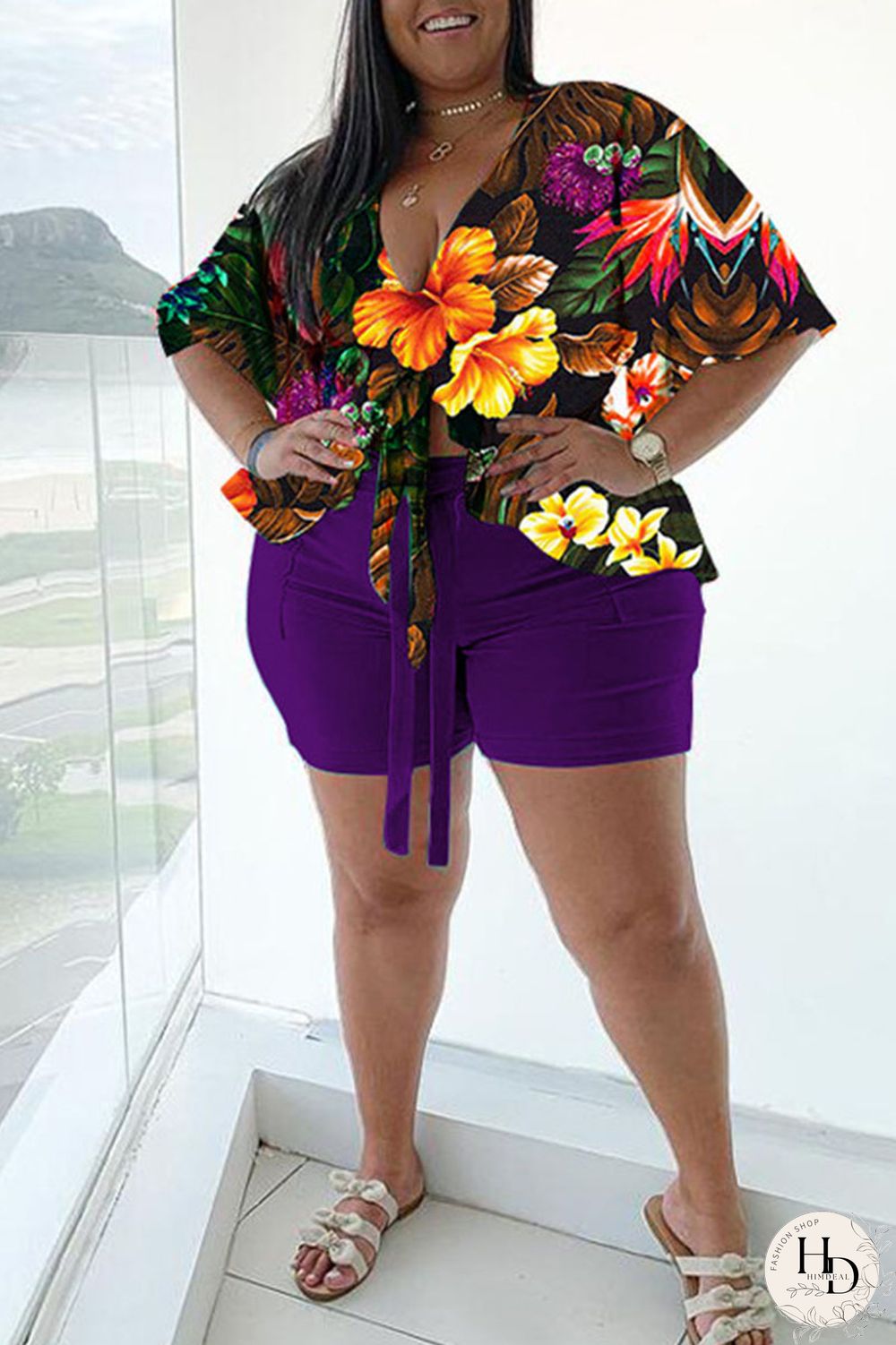 Blue Casual Print Bandage Split Joint V Neck Plus Size Two Pieces