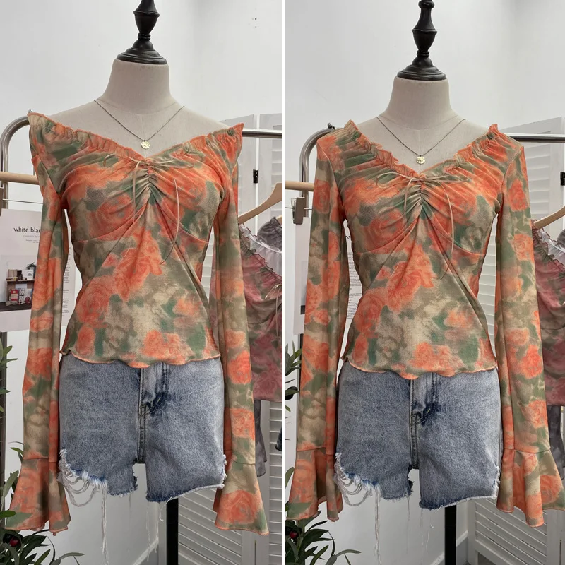 Uveng Vintage Print V-Neck Horn Sleeve Top Wooden Ear Lace With Short-Sleeved Long-Sleeved T-Shirt 9906