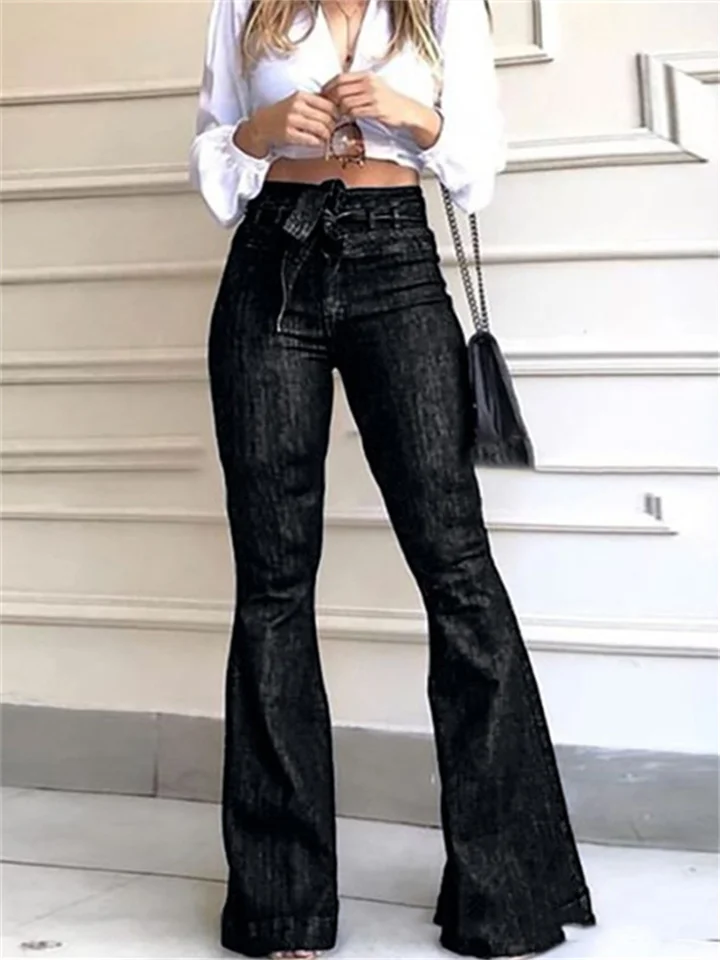 Women's Flare Wide Leg Pants Trousers Jeans Denim Faux Denim Blue Mid Waist Fashion Casual Work Weekend Micro-elastic Full Length Comfort Solid Color S M L XL 2XL / Bell Bottom