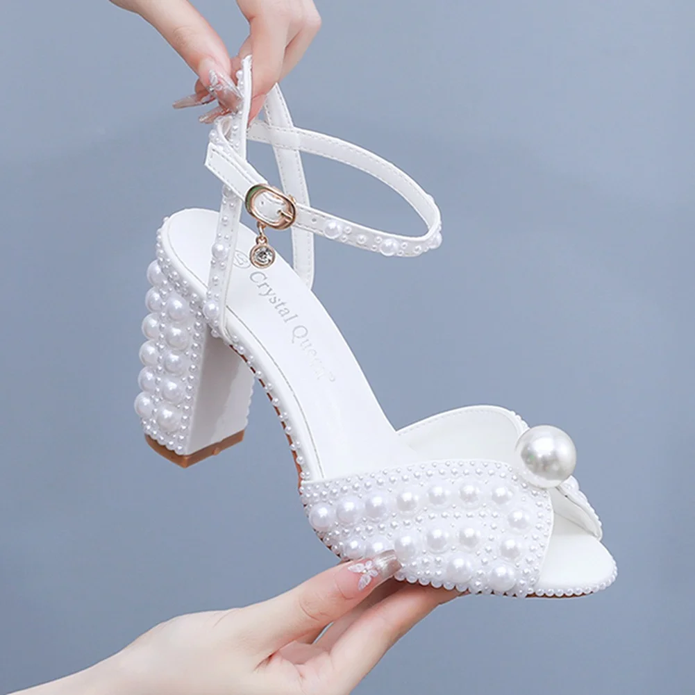 Breakj Breakj Cm Coarse Heel Sandals Square Coarse Sandals White Pearl Wedding Dress Sandals Pearl Wedding Shoes Women