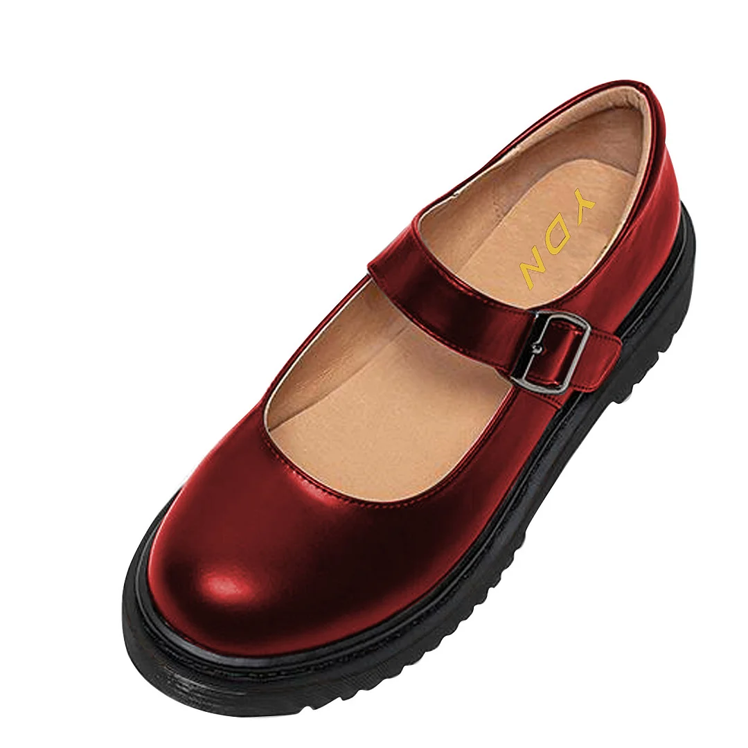 Shiny Maroon Vegan Leather Round Toe Formal Comfy Mary Jane Shoes