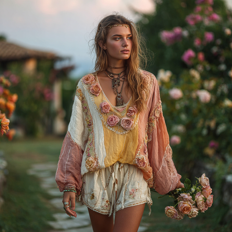 Women's Vintage Bohemian Rose Stitching V-neck Shirt