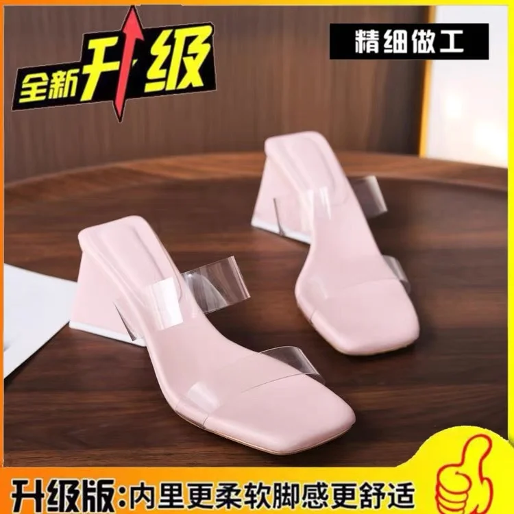 Breakj Breakj White Leg-Growsed Miss 2025 New High Heels Thick Heel Pale Pink Women's Shoes Transparent With Cool Slippers