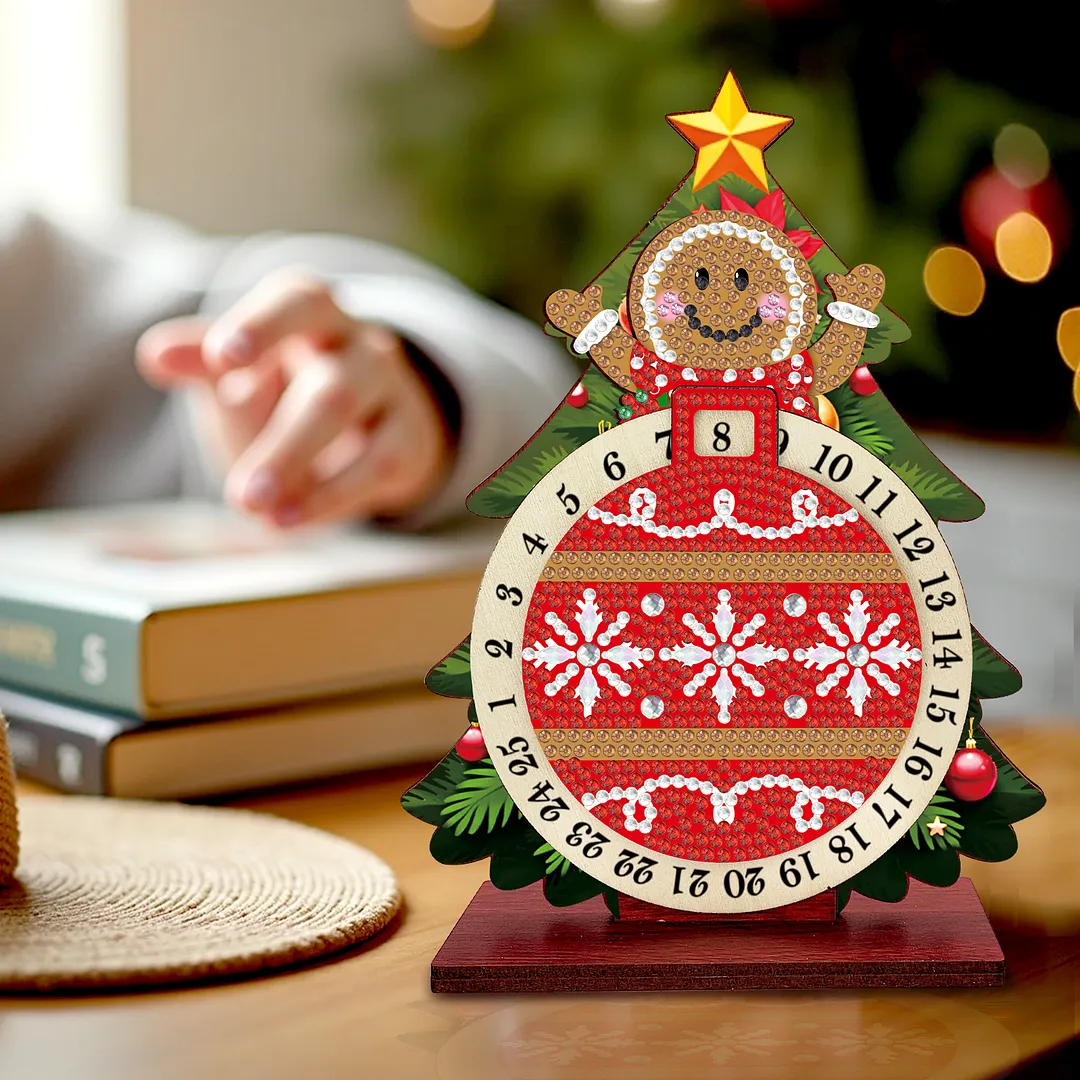 Gingerbread Man DIY Christmas Countdown Diamond Painting Tabletop Ornaments Kit 25 Days Crystal Art Craft Decoration Wooden for Living Room Home Office Decoration