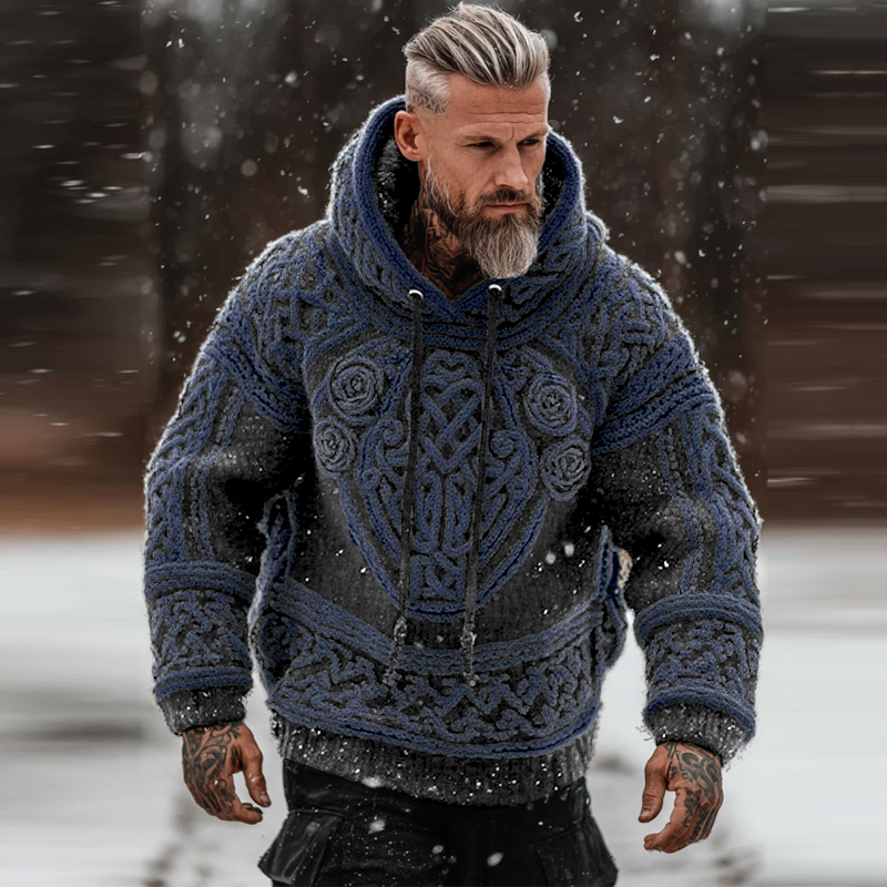Men's Viking Tribal Jacquard Celtic With Rose Inspired Chunky Knit Hooded Sweater  artssus