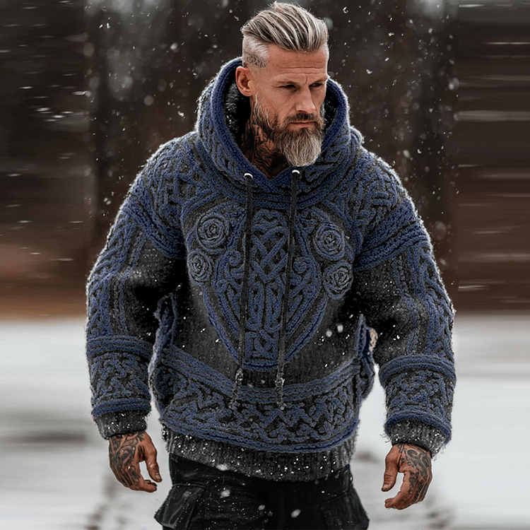 Men's Viking Tribal Jacquard Celtic With Rose Inspired Chunky Knit Hooded Sweater