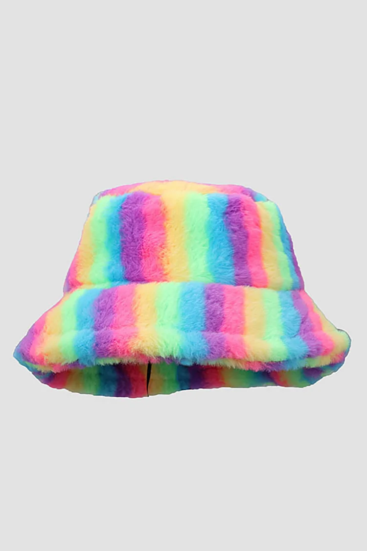 Rainbow Striped Gradient Faux Fur Fisherman Hat