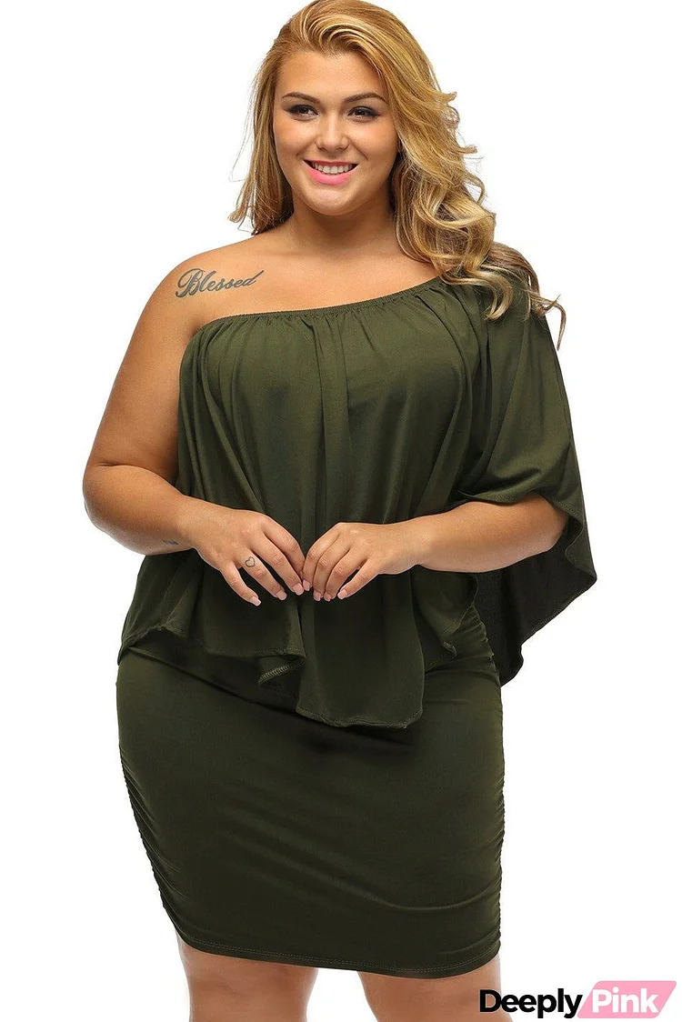 Multiple Dressing Layered Army Green Plus Size Mini Dress