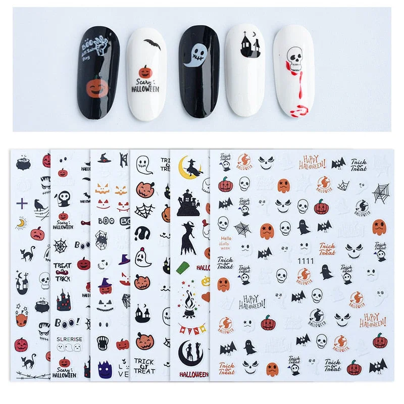 Halloween 3D Nail Stickers Skeleton Pumpkin Design Adhesive Nail Transfer Sliders Paper Autumn Winter DIY Nail Art Decoration