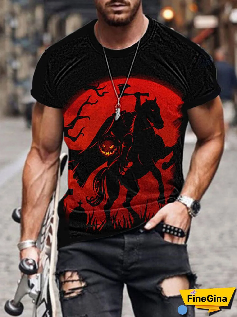 Men's Halloween Scary Pumpkin Headless Horseman Print T-shirt