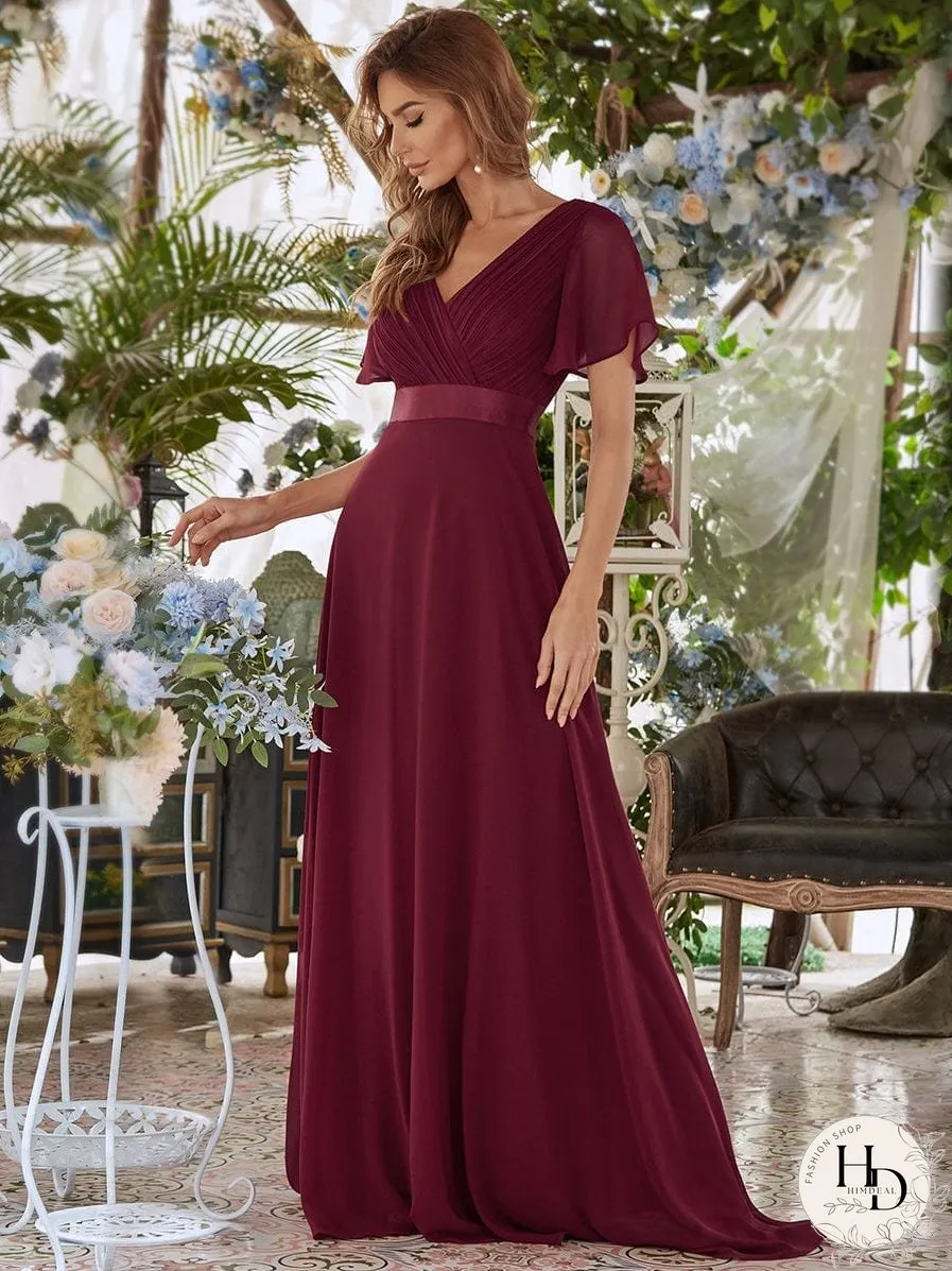 Elegant Double V-Neck Ruffled Padded Evening Gowns