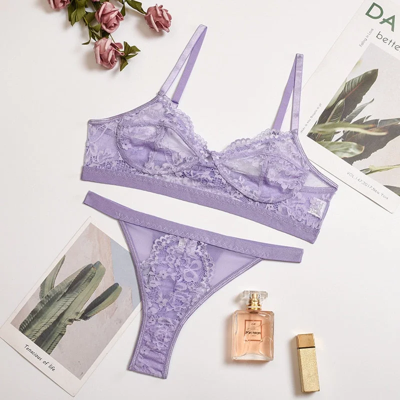 Ellolace Sexy Lace Lingerie Women's Underwear Sensual Solid Brief Sets Wireless Transparent Bra And Panty Exotic Bilizna Set